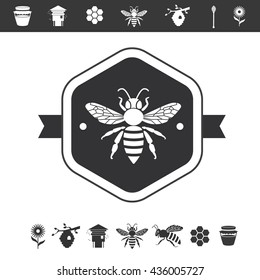 Bee icon isolated on white background. Vector honey bee sign. Bee silhouette isolated. Black and white honey bee logotype with apiculture: bee hive, honey, flower and spoon. 