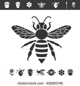 Bee icon isolated on white background. Vector honey bee sign. Bee silhouette isolated. Black and white honey bee logotype with apiculture: bee hive, honey, flower and spoon. 