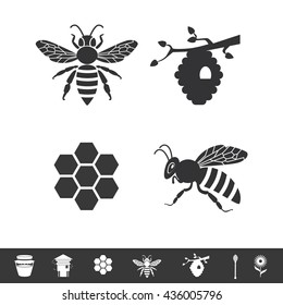 Bee icon isolated on white background. Icon set about bees and apiculture: bee hive, honey, flower and spoon. Vector logotype of Bee silhouette.