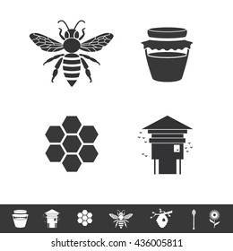 Bee icon isolated on white background. Icon set about bees and apiculture: bee hive, honey, flower and spoon. Vector logotype of Bee silhouette.