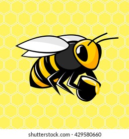 Bee. Bee icon. The isolated symbol of a bee against from honeycombs. Honey bee. Isolated insect icon. Vector illustration flying bee in flat style. Flying bee.