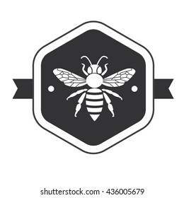 Bee icon on hexagon. Vector honey bee sign. Bee silhouette. Black and white honey bee logotype.