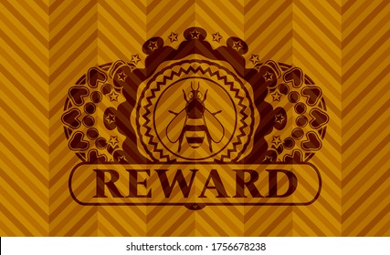 bee icon and Reward text orange realistic badge. Geometric chic background. Artistic illustration. 
