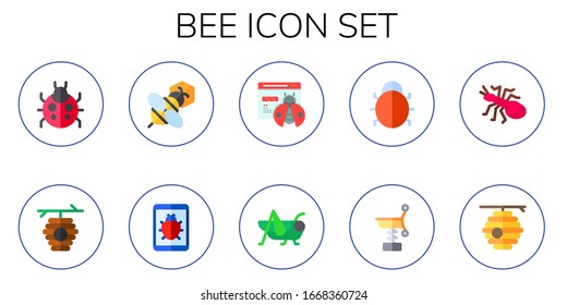 conjunto de iconos de abejas. 10 iconos planos de abejas. Iconos de mariquita, colmena, bicho, saltamontes, resorte, hormigas