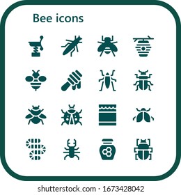 bee icon set. 16 filled bee icons. Included Spring, Grasshopper, Bee, Beehive, Honey, Insect, Beetle, Bumblebee, Ladybug, Worm, Fleas icons