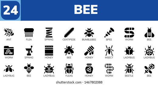 bee icon set. 24 filled bee icons.  Simple modern icons about  - Ant, Flea, Spring, Centipede, Bumblebee, Bpee, Worm, Bee, Honey, Insect, Ladybug, Fleas, Beetle