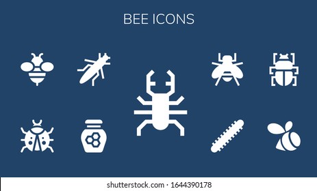 Bee Icon Set. 9 Filled Bee Icons. Included Beetle, Honey, Grasshopper, Ladybug, Bee, Swarm, Fleas, Centipede Icons