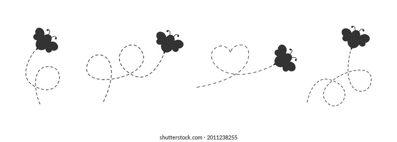 Bee icon set. Bees black silhouettes flying on a dotted route. Vector illustration isolated on the white background.