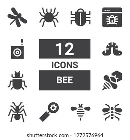 bee icon set. Collection of 12 filled bee icons included Wasp, Bee, Bug, Ant, Insect, Worm, Dragonfly