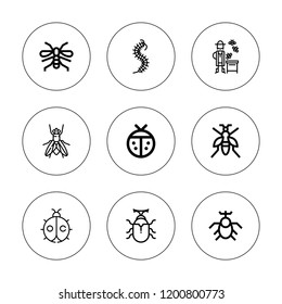 Bee icon set. collection of 9 outline bee icons with beetle, beekeeper, fly, ladybug, worm icons. editable icons.