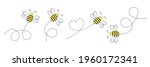 Bee icon set. Bee flying on a dotted route. Vector illustration isolated on the white background.