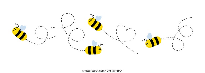 Bee icon set. Bee flying on a dotted route. Vector illustration isolated on the white background.