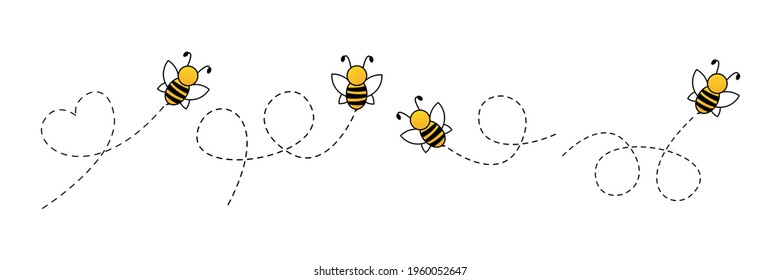 Bee icon set. Bee flying on a dotted route. Vector illustration isolated on the white background.