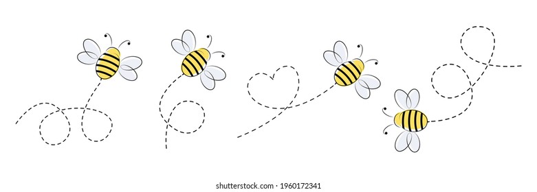 Bee Icon Set. Bee Flying On A Dotted Route. Vector Illustration Isolated On The White Background.