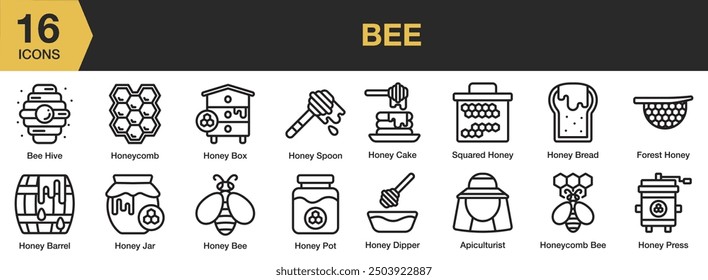 Conjunto de iconos de abeja. Incluye panal, caja de miel, abeja de miel, apiculturist, y más. Colección de Vector de iconos de contorno.