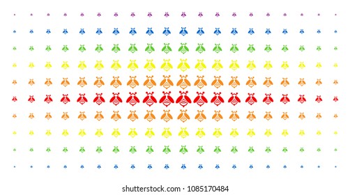 Bee icon spectrum halftone pattern. Vector bee items are arranged into halftone grid with vertical spectrum gradient. Constructed for backgrounds, covers, templates and abstraction effects.