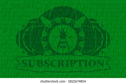 bee icon and Subscription text green grama grass realistic emblem. Eco luxurious background. Illustration. 