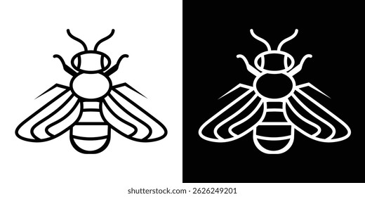 Vector de icono de abeja en blanco y negro. Ilustración minimalista de insectos que muestra la silueta detallada de una abeja con alas, antenas y rayas. 