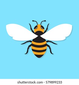 Bee icon, vector flat illustration isolated on blue background.