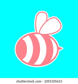 Bee icon. Vector. Magenta icon with white sticker contour at sky blue background. Isolated.