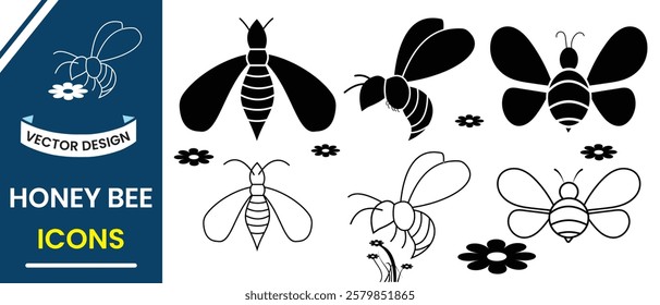 Bee icon, vector. Silhouette of honeybee icon, symbol. Insect icon, Honeycomb hive, flower symbol design. Vector illustration.