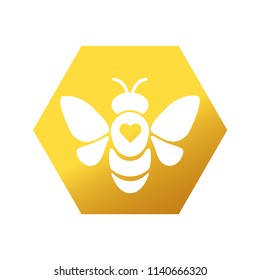 Bee icon. Bee in Yellow Hexagon with Heart. Vector illustration. Golden Beekeeper Logo.