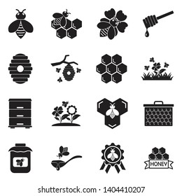 Bee Icons. Black Flat Design. Vector Illustration. 