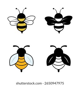 Bee Icons Collection Color and Silhouette Set Vector Illustration. The image includes two fully colored bees and two matching black silhouette versions.