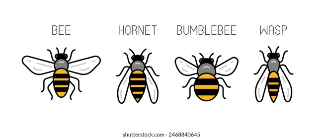 Bee icons. Bee, Hornet, Bumblebee, Wasp. Buzzing insects icons. Linear style. Modern vector illustration