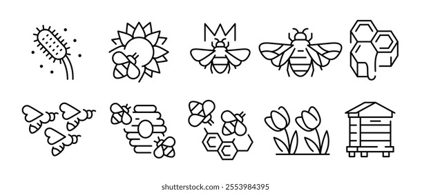 Bee icons. Set of 10 bee trendy minimal icons. Example: Honeycomb, Beehive, Pollen, Beekeeper, Honey Jar icons. Design signs for web page, mobile app, packaging design. Vector illustration