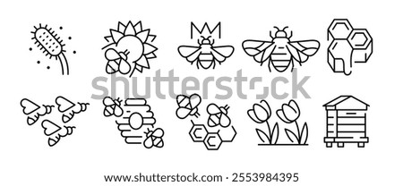 Bee icons. Set of 10 bee trendy minimal icons. Example: Honeycomb, Beehive, Pollen, Beekeeper, Honey Jar icons. Design signs for web page, mobile app, packaging design. Vector illustration