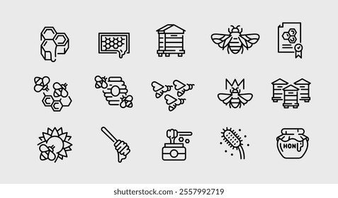 Bee icons. Set of 15 bee trendy minimal icons. Example: Honeycomb, Beehive, Pollen, Beekeeper, Honey Jar icons. Design signs for web page, mobile app, packaging design. Vector illustration