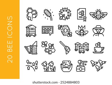 Bee icons. Set of 20 bee trendy minimal icons. Example: Honeycomb, Beehive, Pollen, Beekeeper, Honey Jar icons. Design signs for web page, mobile app, packaging design. Vector illustration