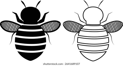 Bee icons set black flat and outline designs. Flying insect with striped body and wings vectors. Honeybee symbols for pollination and wildlife representation. Nature, apiary, environmental pictogram.