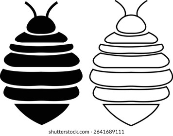 Bee icons set black flat and outline designs. Flying insect with striped body and wings vectors. Honeybee symbols for pollination and wildlife representation. Nature, apiary, environmental pictogram.