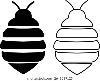 Bee icons set black flat and outline designs. Flying insect with striped body and wings vectors. Honeybee symbols for pollination and wildlife representation. Nature, apiary, environmental pictogram.