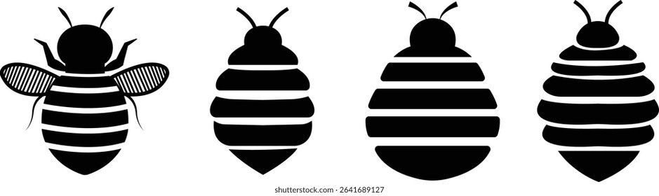 Bee icons set black flat designs. Flying insect with striped body and wings vectors illustration. Honeybee symbols for pollination and wildlife representation. Nature, apiary, environmental pictogram.
