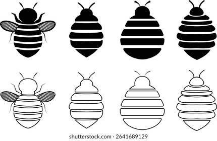 Bee icons set black flat and outline designs. Flying insect with striped body and wings vectors. Honeybee symbols for pollination and wildlife representation. Nature, apiary, environmental pictogram.