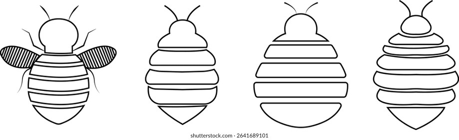 Bee icons set black outline designs. Flying insect with striped body, wings vectors illustration. Honeybee symbol for pollination and wildlife representation. Nature, apiary, environmental pictogram.
