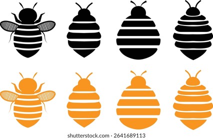 Bee icons set black and yellow flat designs. Flying insect with striped body and wings vectors. Honeybee symbols for pollination and wildlife representation. Nature, apiary, environmental pictogram.