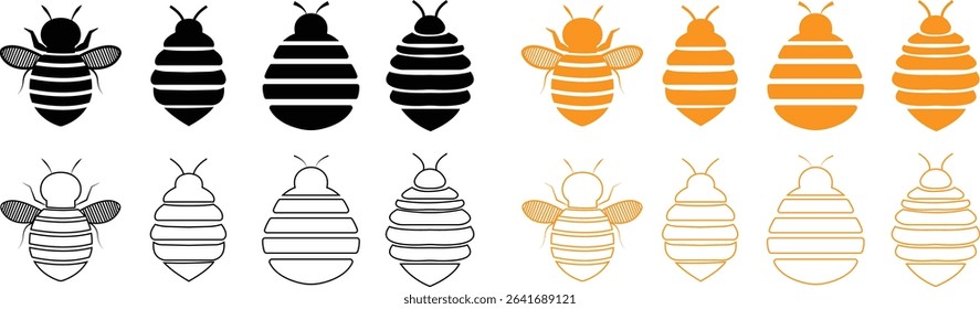 Bee icons set in flat and outline designs. Flying insect with striped body and wings vectors. Honeybee symbols for pollination and wildlife representation. Nature, apiary and environmental pictogram.