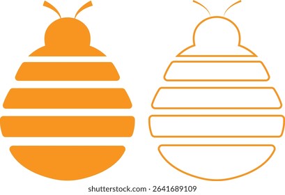 Bee icons set yellow flat and outline designs. Flying insect with striped body and wings vectors. Honeybee symbols for pollination and wildlife representation. Nature, apiary, environmental pictogram.