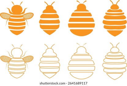 Bee icons set yellow flat and outline designs. Flying insect with striped body and wings vectors. Honeybee symbols for pollination and wildlife representation. Nature, apiary, environmental pictogram.