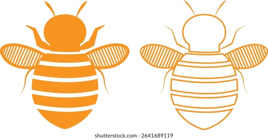 Bee icons set yellow flat and outline designs. Flying insect with striped body and wings vectors. Honeybee symbols for pollination and wildlife representation. Nature, apiary, environmental pictogram.