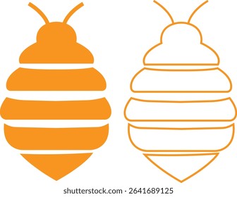 Bee icons set yellow flat and outline designs. Flying insect with striped body and wings vectors. Honeybee symbols for pollination and wildlife representation. Nature, apiary, environmental pictogram.