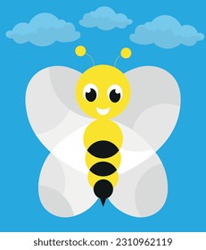 Bee illustration, abstract bee vector, bee cartoon for kids, cartoon clouds. Blue sky.