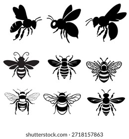 Ilustraciones de abejas y siluetas que muestran insectos voladores en diferentes posiciones. Perfecto para la marca de la miel, conceptos de ecología, temas de agricultura y diseños educativos.