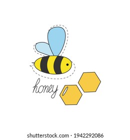 Bee with the inscription Honey isolated on a white background. Beautiful bee life concept for printing, packaging, nectar, honey, textiles and other purposes. Vector illustration
