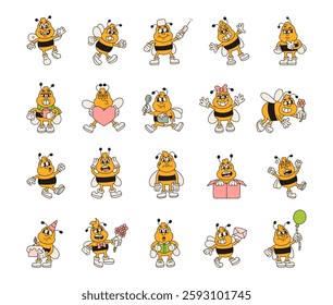 Bee insect character set featuring a variety of emotions and poses, including smiling, greeting, thinking, feeling surprised, walking, celebrating and having fun in different situations.