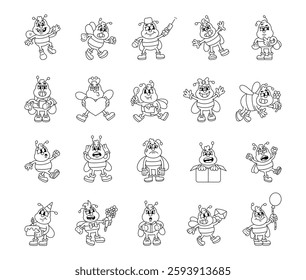 Bee insect character set featuring a variety of emotions and poses, including smiling, greeting, thinking, feeling surprised, walking, celebrating and having fun in different situations.
